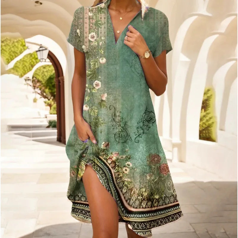 Leena | Elegant V-Neck Floral Dress with Buttons