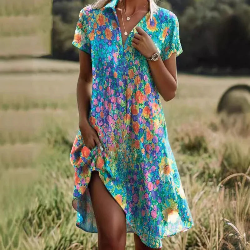 Leena | Elegant V-Neck Floral Dress with Buttons