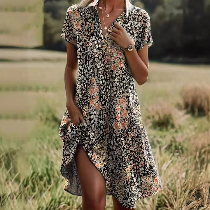 Leena | Elegant V-Neck Floral Dress with Buttons