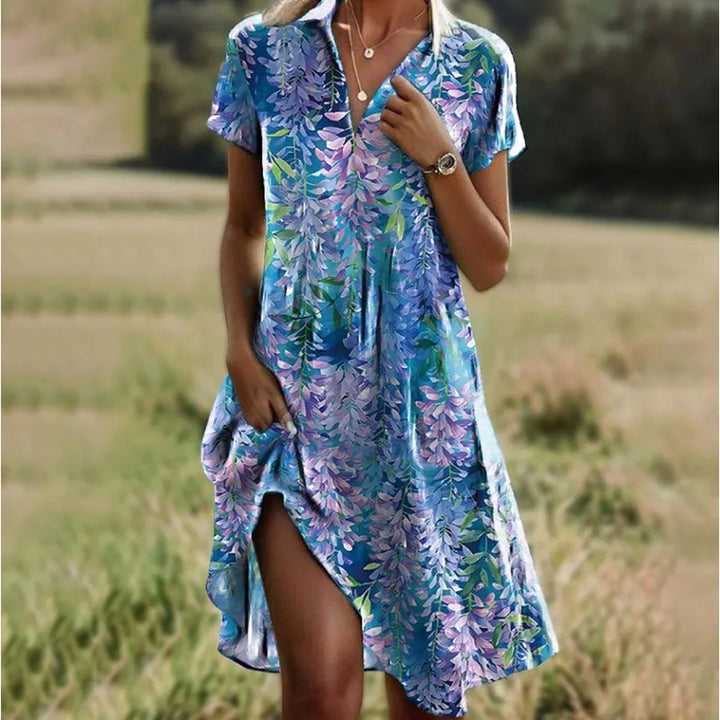 Leena | Elegant V-Neck Floral Dress with Buttons